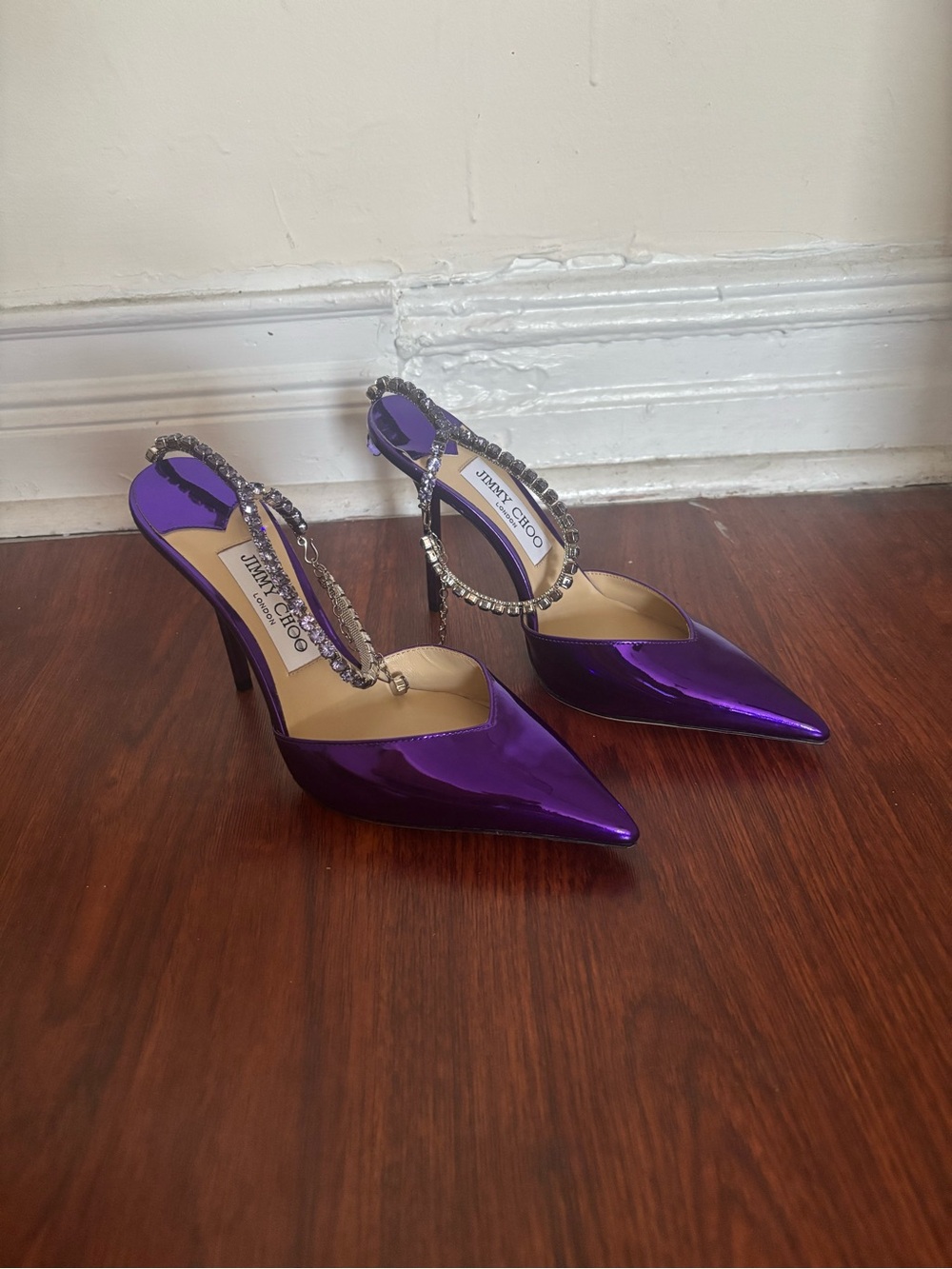 Jimmy Choo Metallic Purple Pointed-Toe Stiletto Heels with Crystal Ankle Chain - Picture 3 of 7